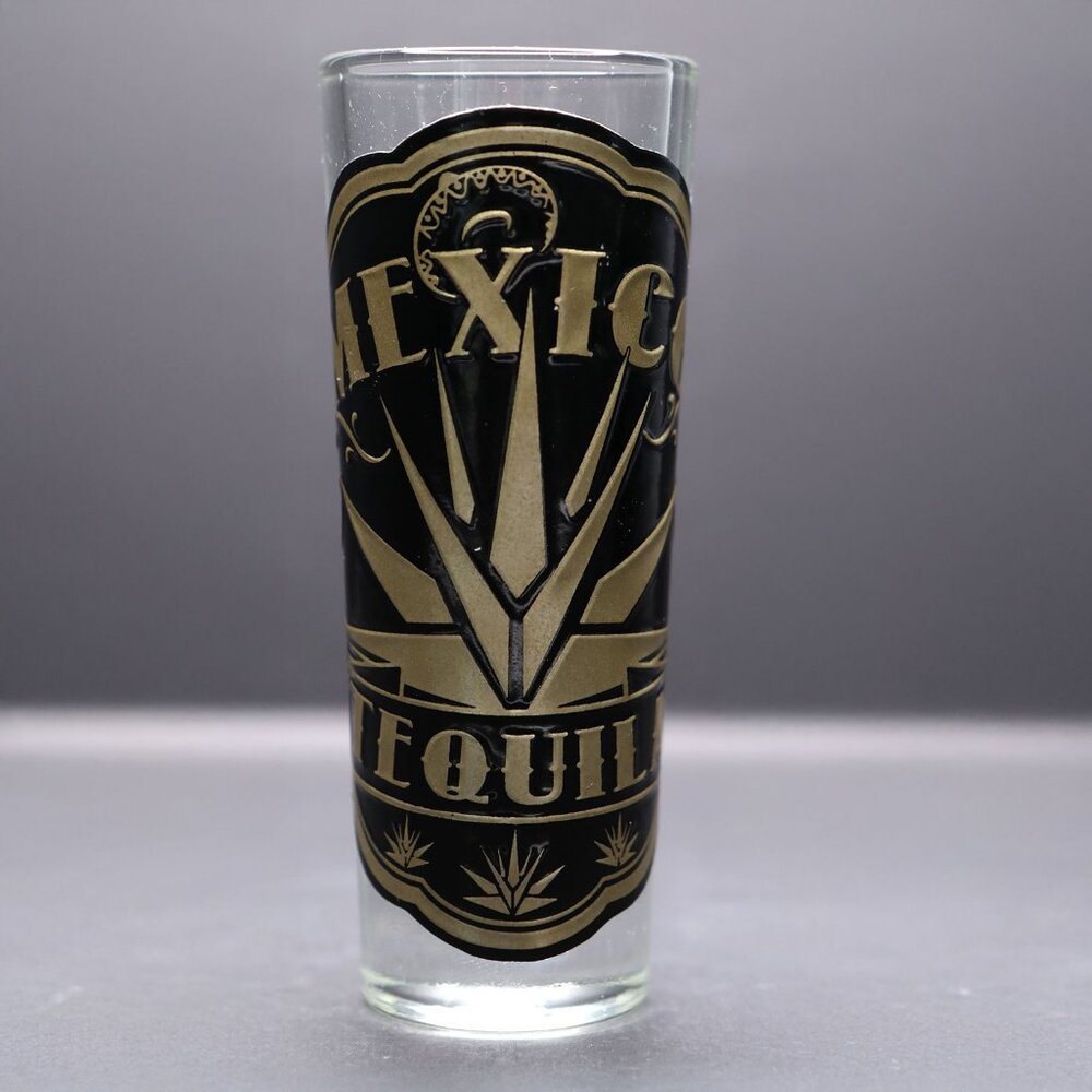 Mexico Tequila Tall Shot Glass – Agave Design Gold & Black Souvenir